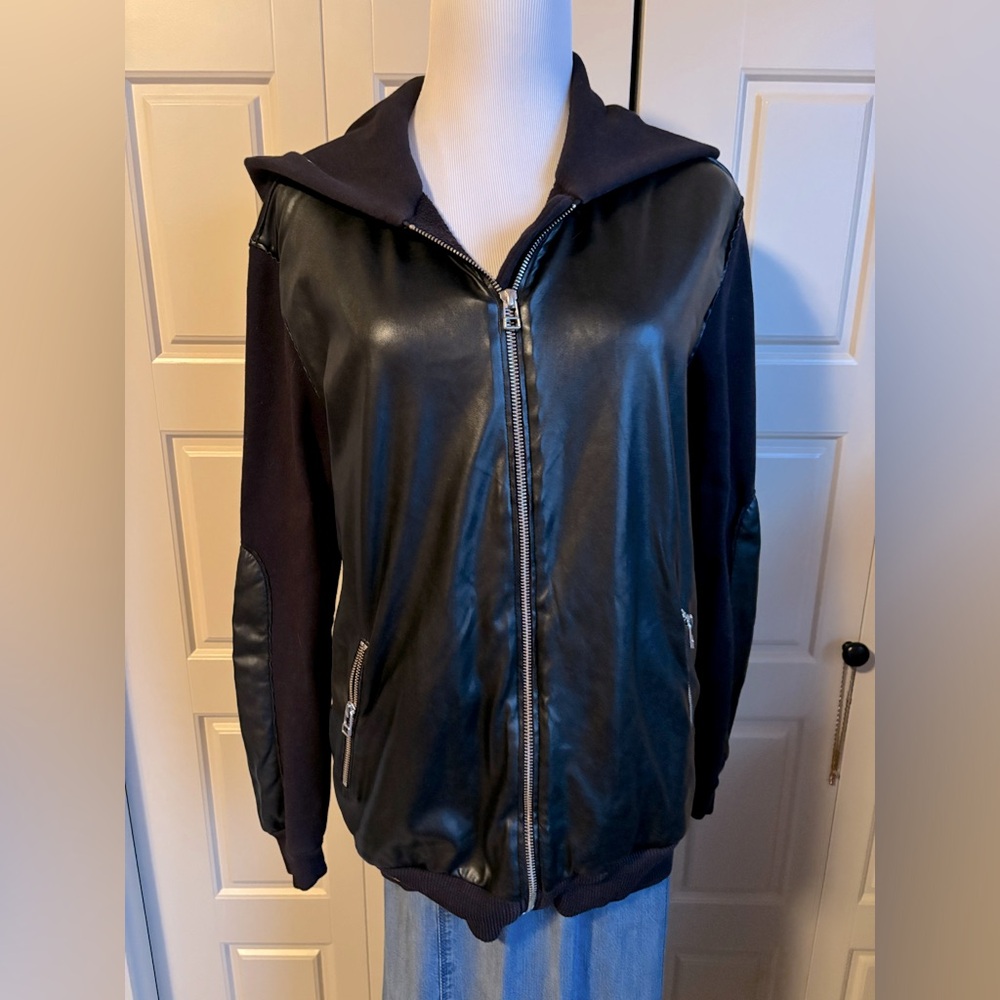 Aritzia Wilfred Black Faux Leather Zip-Up hoodie Jacket, Small- oversized